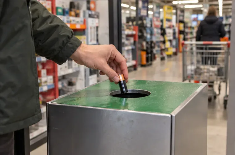 Een consument laat een losse batterij in een daarvoor bestemde inzamelbak in een winkel zakken