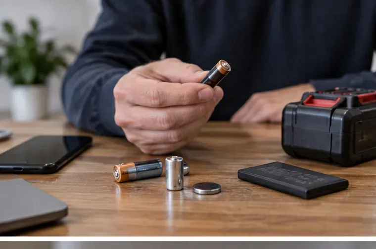 Verschillende losse batterijen en accu’s liggen op een tafel terwijl iemand controleert welk type moet worden ingeleverd.