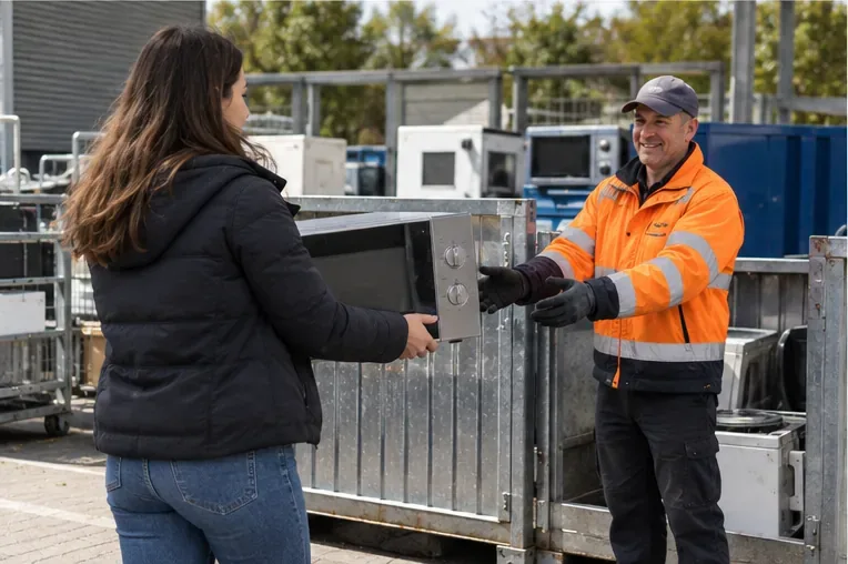 Een inwoner overhandigt een oude magnetron aan een medewerker bij een inzamelpunt voor elektrische apparaten.