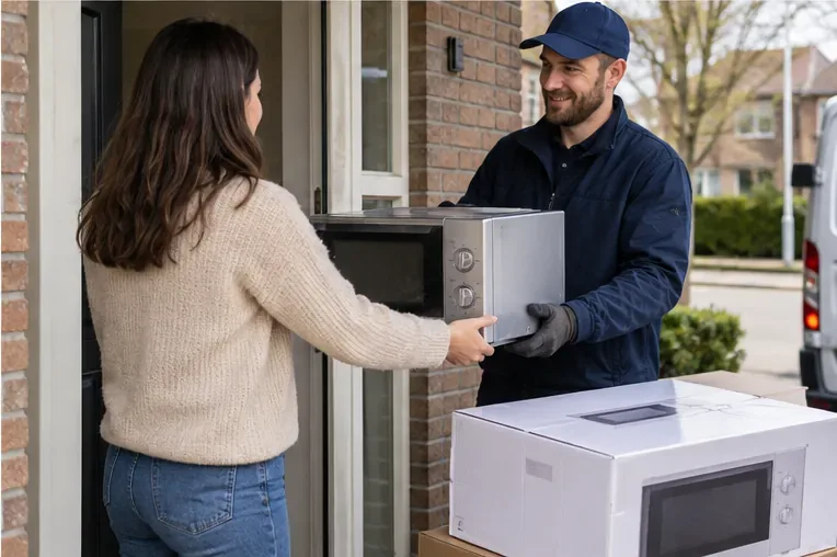 Een bewoner geeft een oude magnetron bij de voordeur mee aan een bezorger terwijl een nieuwe magnetron klaarstaat.