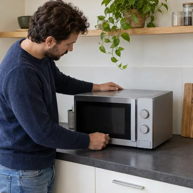 Man bekijkt de gesloten deur van een magnetron op het aanrecht voordat hij beslist of het apparaat herbruikbaar is
