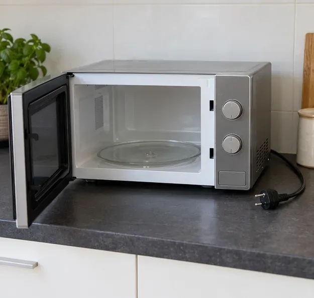 Magnetron met open deur op een aanrecht, met een lege glazen draaiplaat en de stekker los naast het apparaat