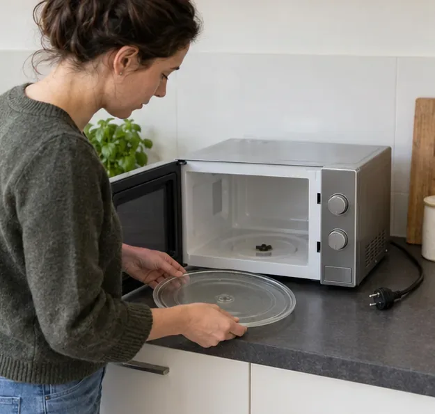 Iemand haalt de glazen draaiplaat uit een losgekoppelde magnetron en legt deze apart op het aanrecht