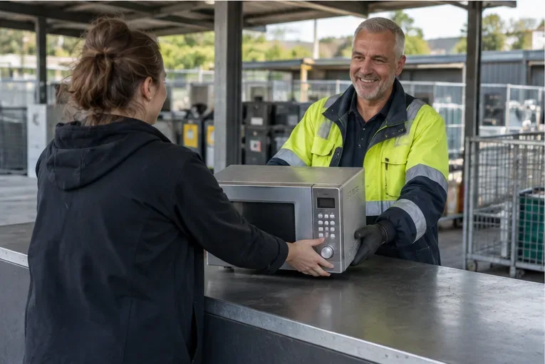 Een bezoeker overhandigt een magnetron aan een medewerker bij een professioneel inzamelpunt voor elektrische apparaten.