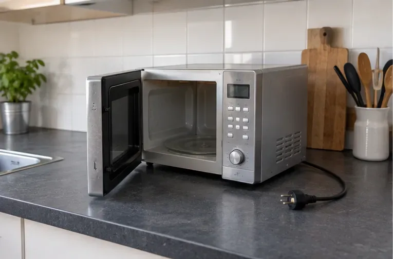 Een oude vrijstaande magnetron staat losgekoppeld op een keukenblad met de stekker ernaast.