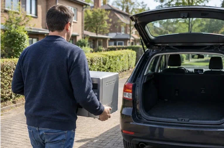 Een man draagt een vrijstaande magnetron naar de open achterklep van een auto.