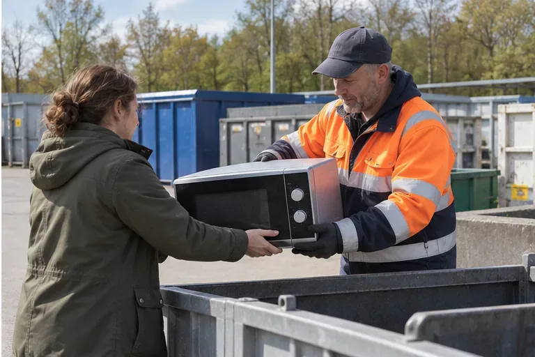 Een inwoner draagt een magnetron over aan een medewerker bij een gemeentelijk milieustation