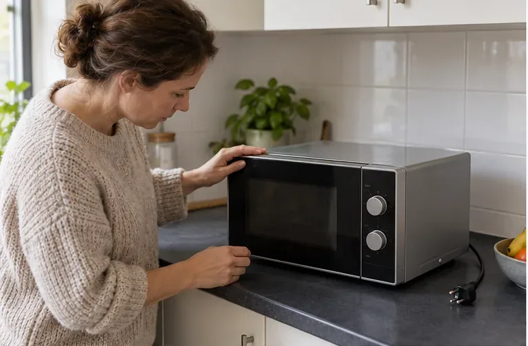 Een bewoner bekijkt de deur en buitenkant van een vrijstaande magnetron op het aanrecht