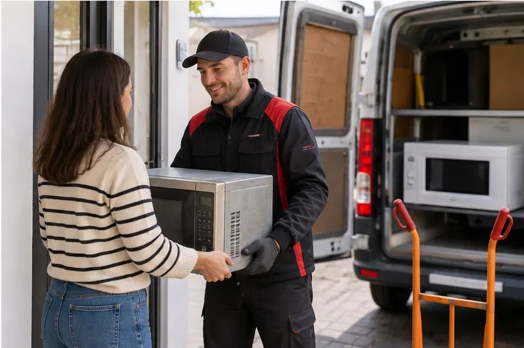 Een bezorger neemt een oude magnetron aan bij een woning terwijl in de bestelbus een andere magnetron staat.