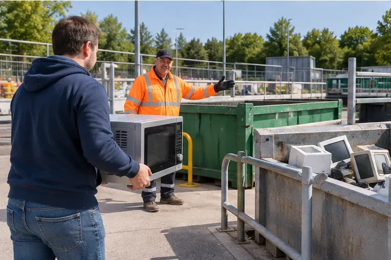 Een inwoner draagt een magnetron naar een medewerker bij een gemeentelijk recyclingterrein met containers voor elektrische apparaten.