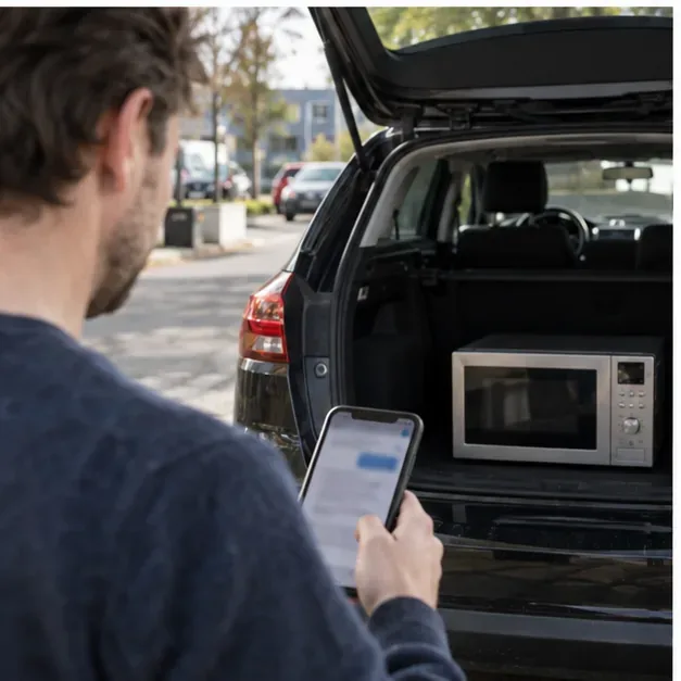 Inwoner controleert op een smartphone de afvalinformatie terwijl een magnetron veilig in de kofferbak staat