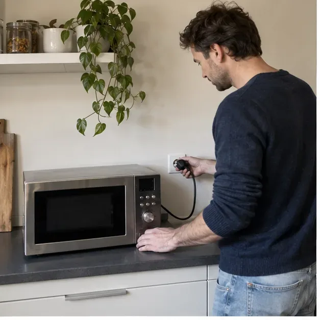 Inwoner haalt de stekker van een magnetron uit het stopcontact in een keuken