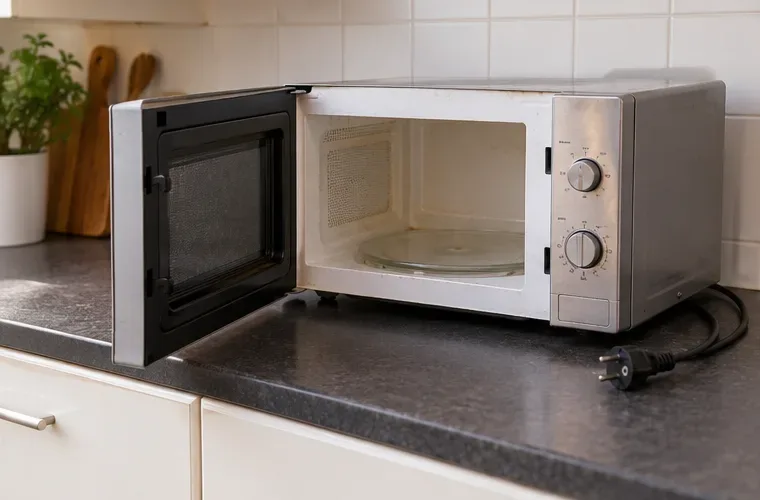 Een losgekoppelde magnetron met open deur op een keukenaanrecht, klaar om afgevoerd te worden.