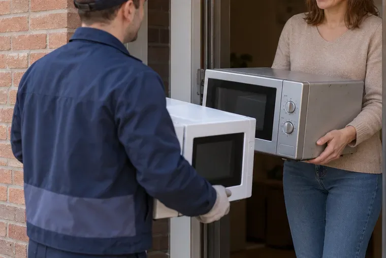 Een bewoner geeft een oude magnetron mee aan een bezorger die een vervangend apparaat brengt.