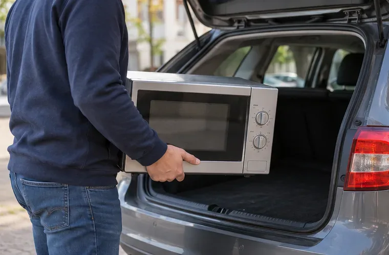 Een persoon tilt een oude magnetron in de kofferbak van een auto voor vervoer naar een inzamelpunt.