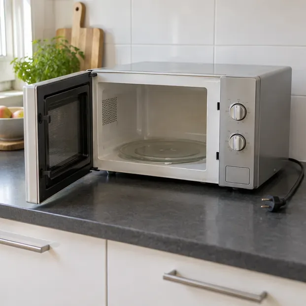Een geopende, lege magnetron staat losgekoppeld op een keukenaanrecht.