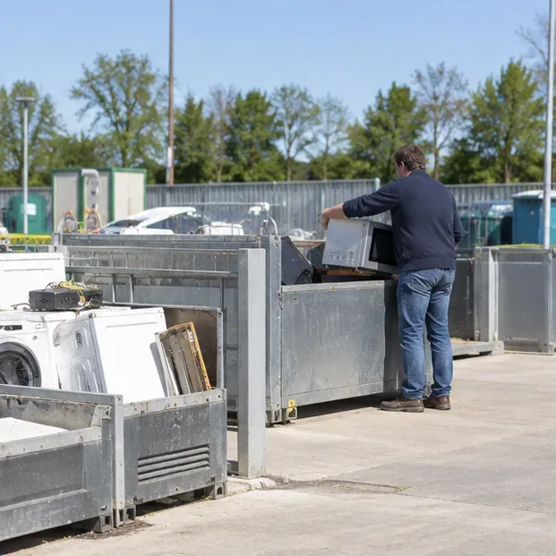 Een persoon plaatst een magnetron bij metalen containers op een gemeentelijk afvalinzamelpunt.