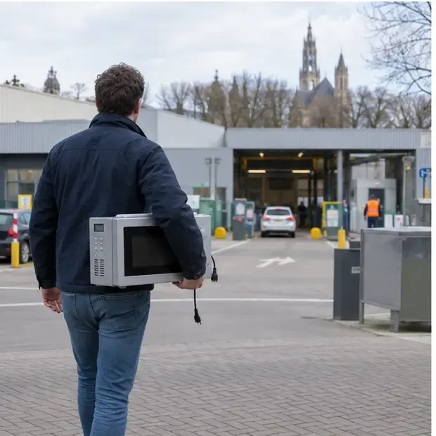 Inwoner draagt een losgekoppelde magnetron naar de ingang van een gemeentelijk milieuplein
