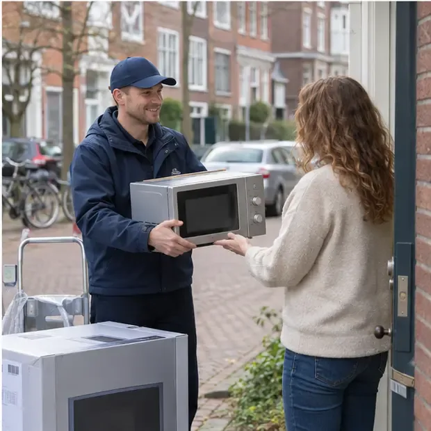 Bezorger ontvangt een oude magnetron bij de levering van een nieuw huishoudelijk apparaat