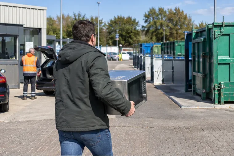 Een man draagt een magnetron naar de gescheiden afvalcontainers van een bemand recyclingterrein.