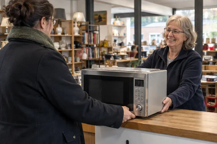 Een vrouw geeft een complete magnetron over aan een medewerker achter de balie van een kringloopwinkel.