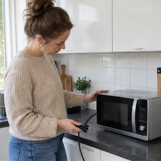 Een bewoner controleert een uitgeschakelde magnetron op het aanrecht