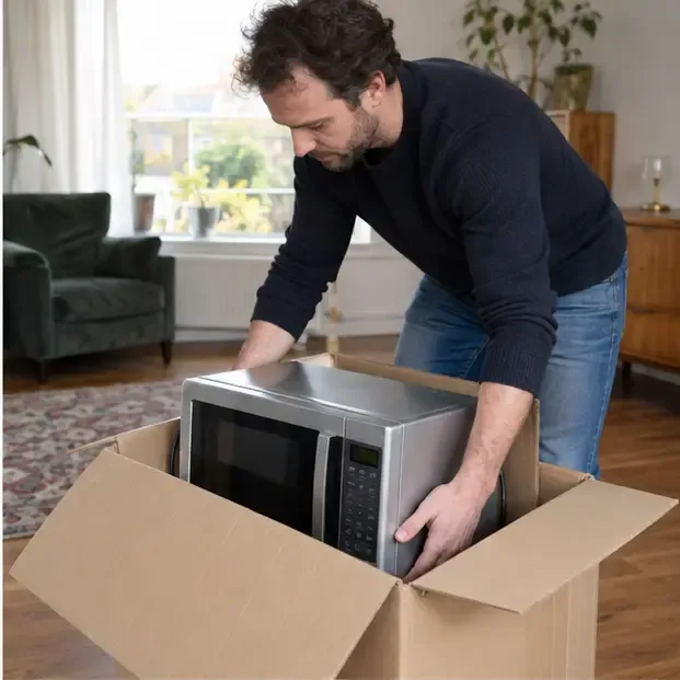 Een bewoner zet een intacte magnetron stabiel in een stevige kartonnen doos