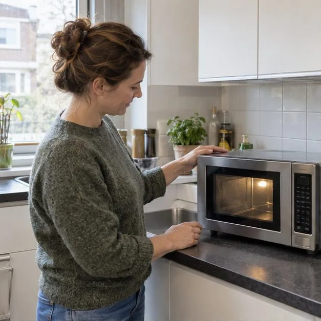 Een vrouw bekijkt een magnetron op het aanrecht voordat ze beslist of het apparaat herbruikbaar is