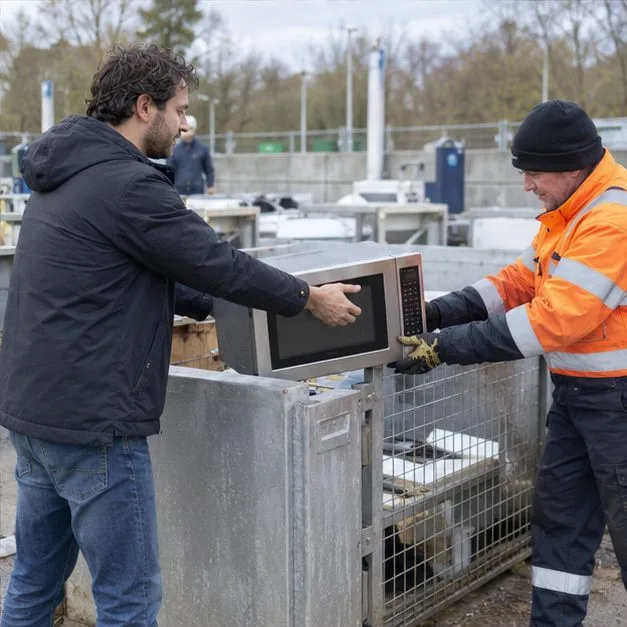 Een inwoner geeft een magnetron af bij de inzamelplek voor elektrische apparaten op een afvalscheidingsstation