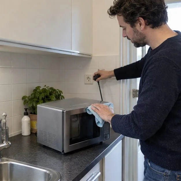 Een man trekt de stekker van een magnetron uit het stopcontact en veegt de buitenkant schoon