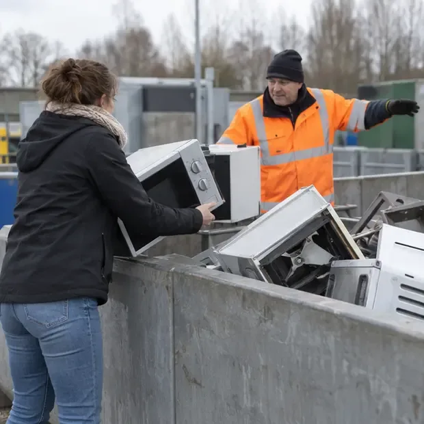 Een medewerker wijst een persoon naar de container voor elektrische huishoudelijke apparaten