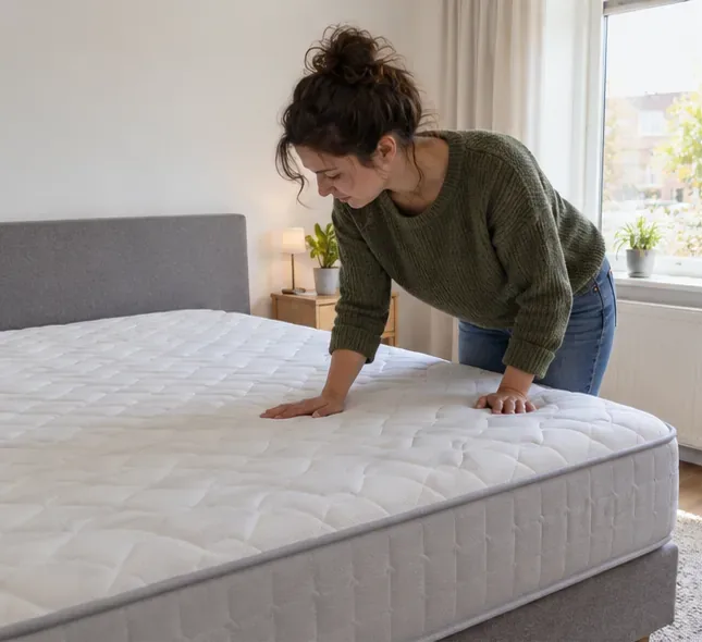 Een vrouw controleert een schoon matras in een slaapkamer voordat ze beslist of hergebruik mogelijk is