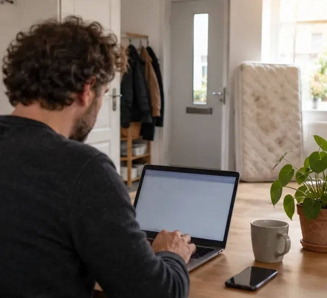Een bewoner zit aan een laptop bij de voordeur terwijl een matras klaarstaat om later te worden opgehaald