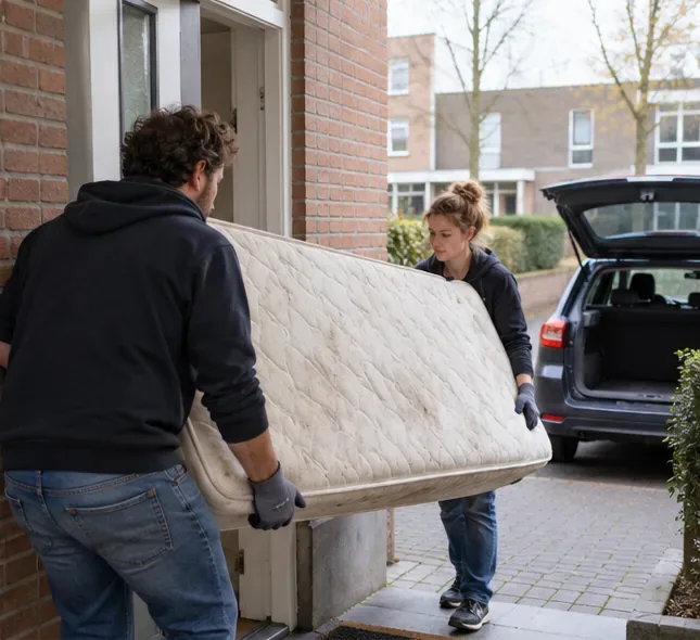 Twee volwassenen dragen een matras samen door een voordeur naar een auto