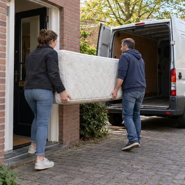 Twee volwassenen tillen samen een matras vanuit een woning naar een bestelbus