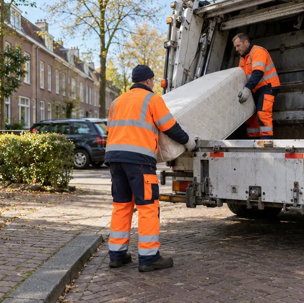 Twee medewerkers in opvallende werkkleding tillen een matras in een inzamelwagen op een woonstraat