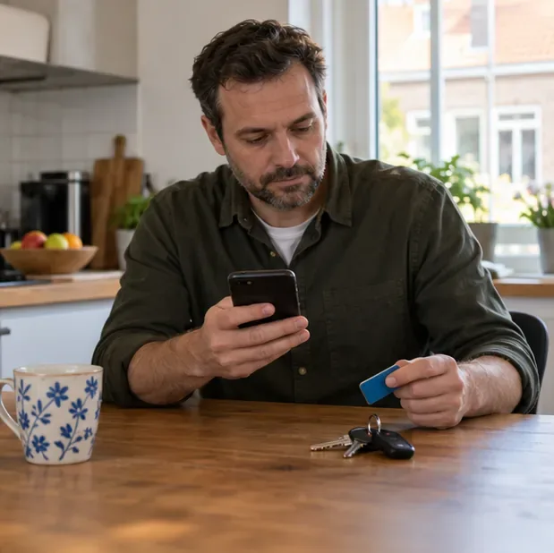 Een man bekijkt zijn telefoon en houdt een blauwe toegangspas en autosleutels vast aan een keukentafel