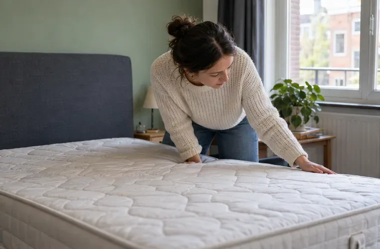 Een bewoner bekijkt een matras in de slaapkamer voordat die wordt hergebruikt of weggegooid