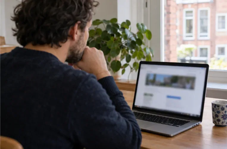 Een bewoner bekijkt op een laptop informatie over het aanbieden van grof afval