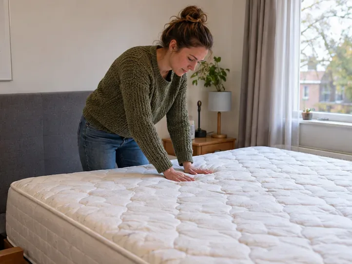 Een bewoner bekijkt en drukt voorzichtig op het oppervlak van een matras in de slaapkamer
