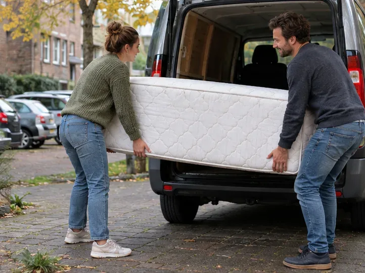 Twee volwassenen tillen samen een matras naar de laadruimte van een bestelwagen