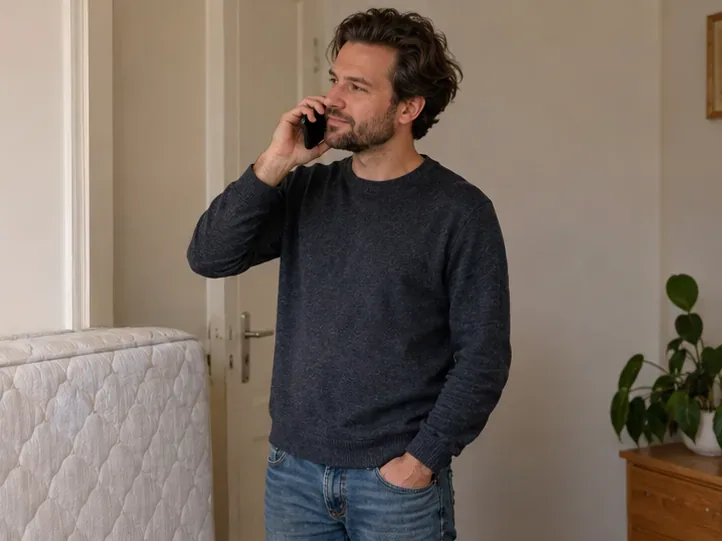 Een bewoner belt binnenshuis om het ophalen van een matras te regelen