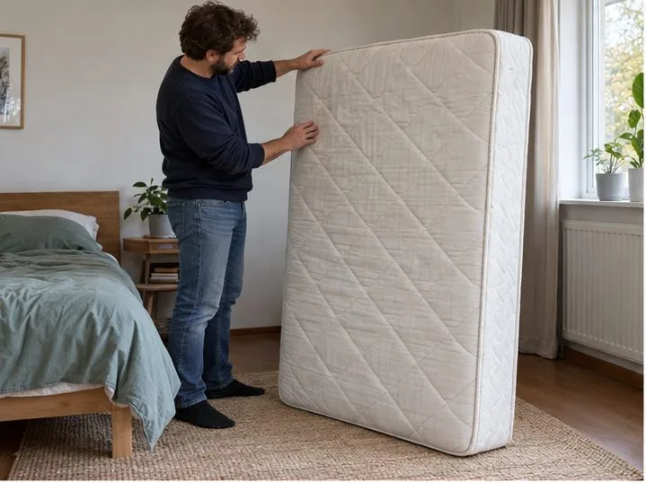 Een man controleert thuis de buitenkant van een matras dat rechtop naast een bed staat.