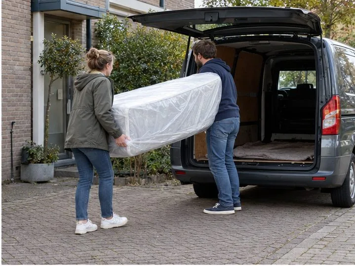 Twee volwassenen tillen samen een matras in een doorzichtige beschermhoes naar de laadruimte van een bestelwagen.