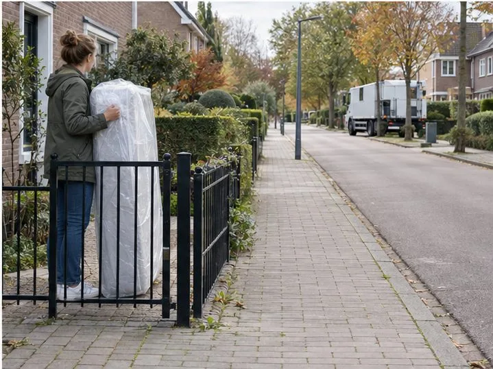 Een bewoner houdt een verpakt matras binnen de eigen voortuin achter een laag hek, terwijl verderop een witte inzamelwagen in de straat staat.