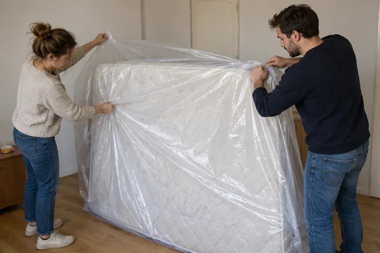 Twee volwassenen doen een droog matras in een doorzichtige beschermhoes voordat ze het vervoeren