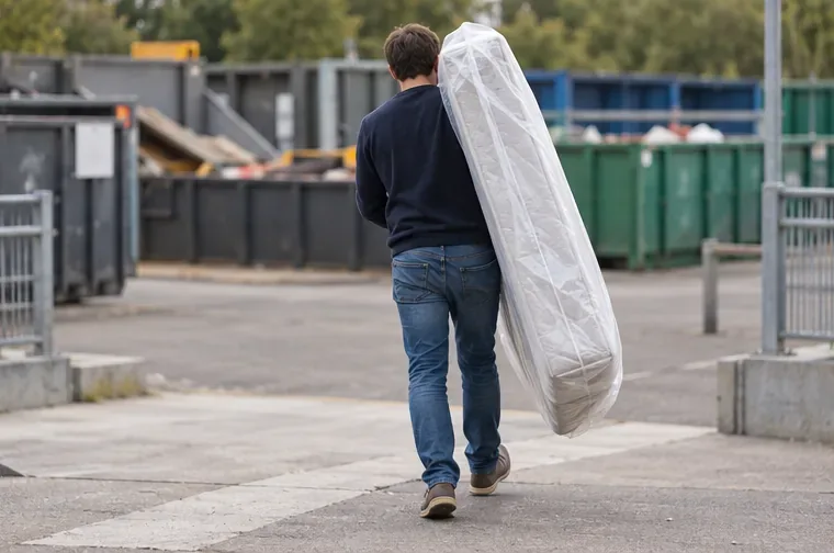Een man draagt een verpakt matras naar een algemene milieustraat met afvalcontainers op de achtergrond