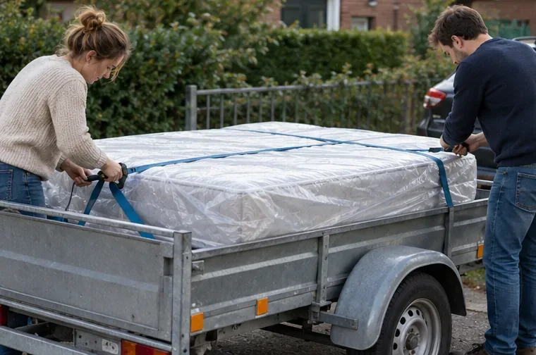 Twee volwassenen zetten een verpakt matras met spanbanden vast op een aanhanger