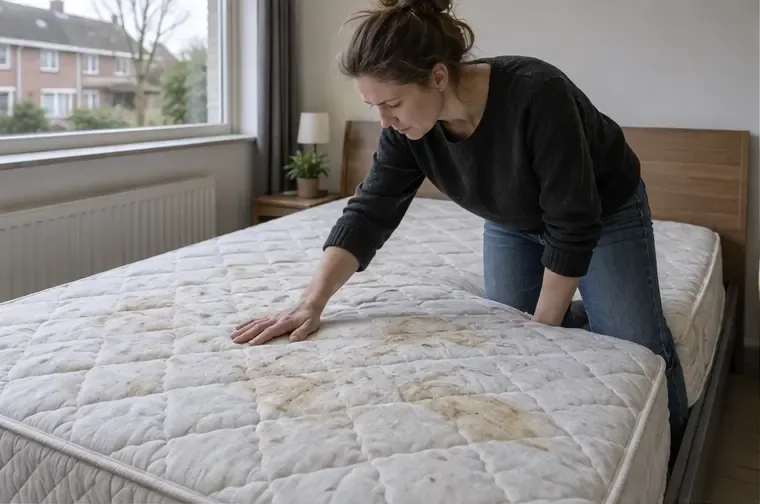 Een vrouw controleert een oud matras op vlekken en beschadigingen in een slaapkamer