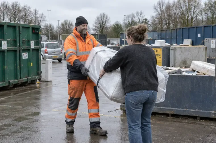 Een medewerker in werkkleding neemt een verpakt matras aan bij een afvalbrengstation